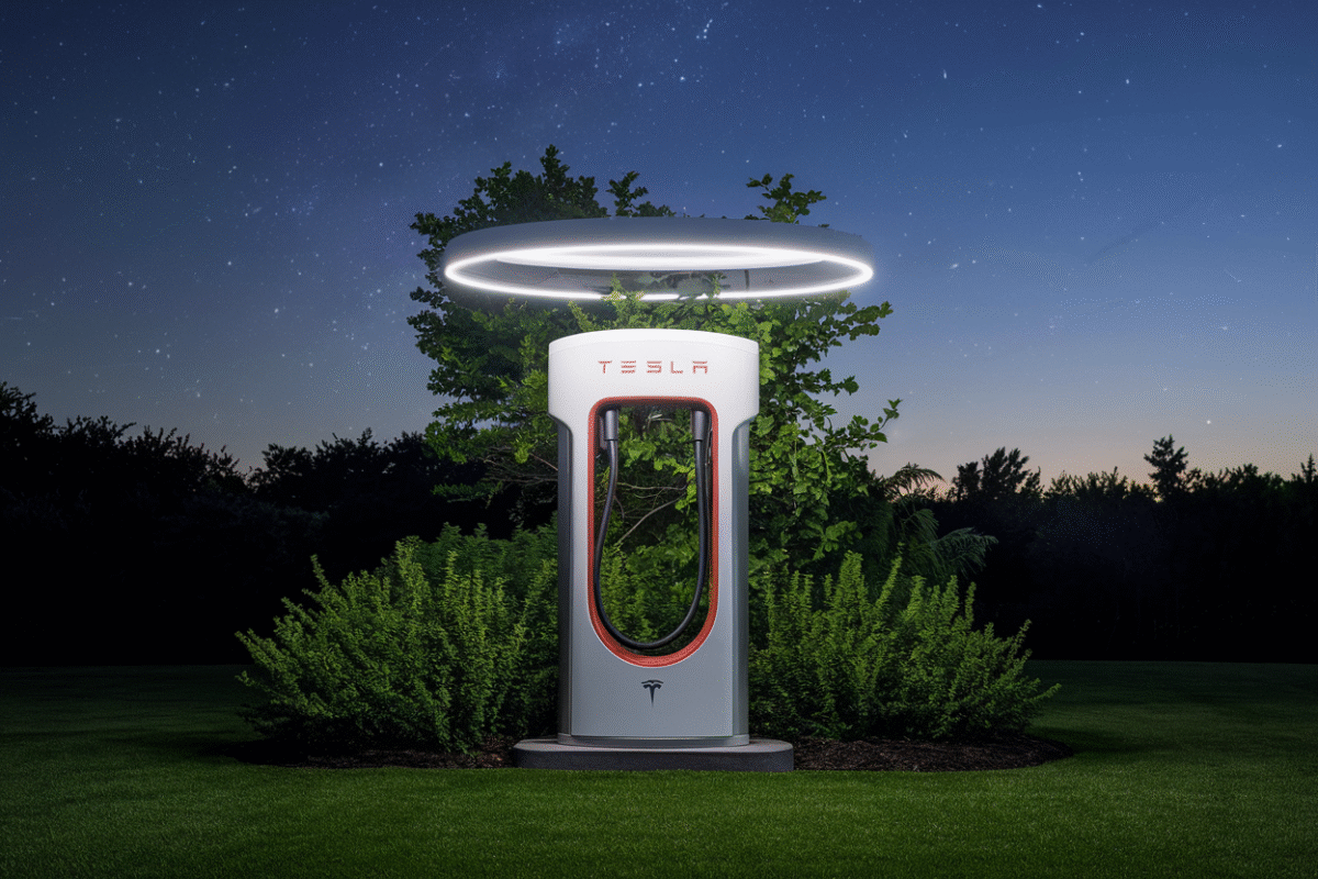 Station de charge Tesla avec système de sécurité avancé.