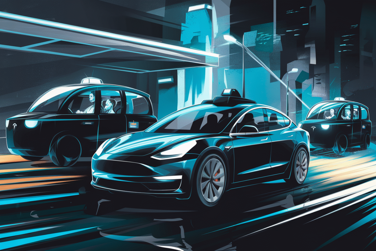 Tesla voiture autonome sur route moderne avec paysage urbain