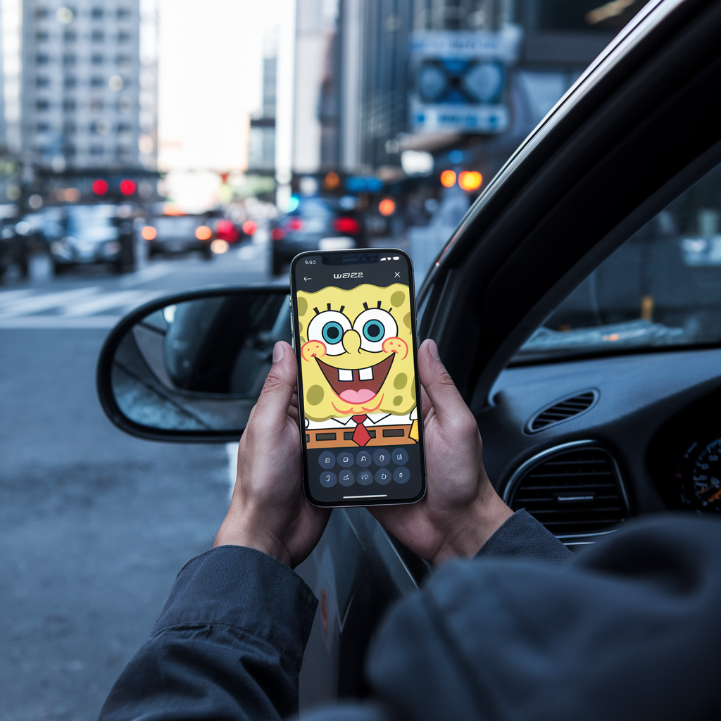 Personne utilisant Waze avec Bob l'Éponge dans une voiture.