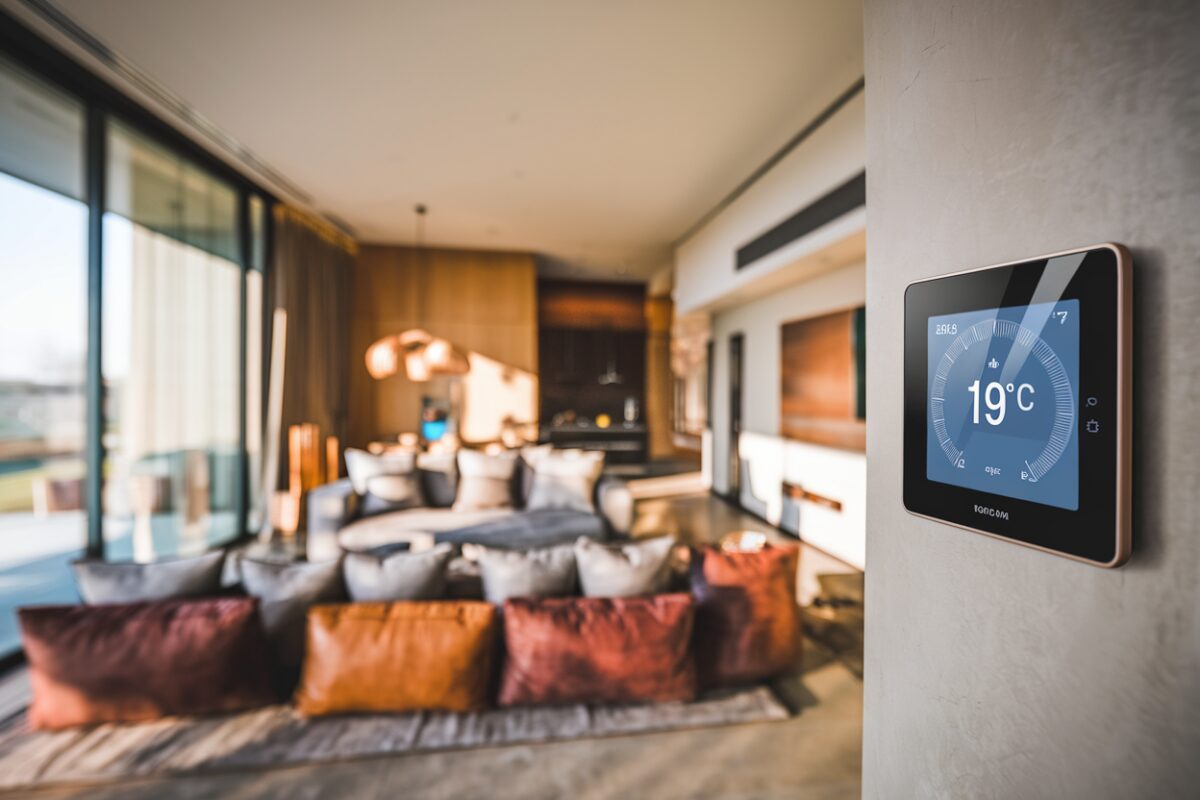 Salon moderne avec thermostat numérique affichant 19°C
