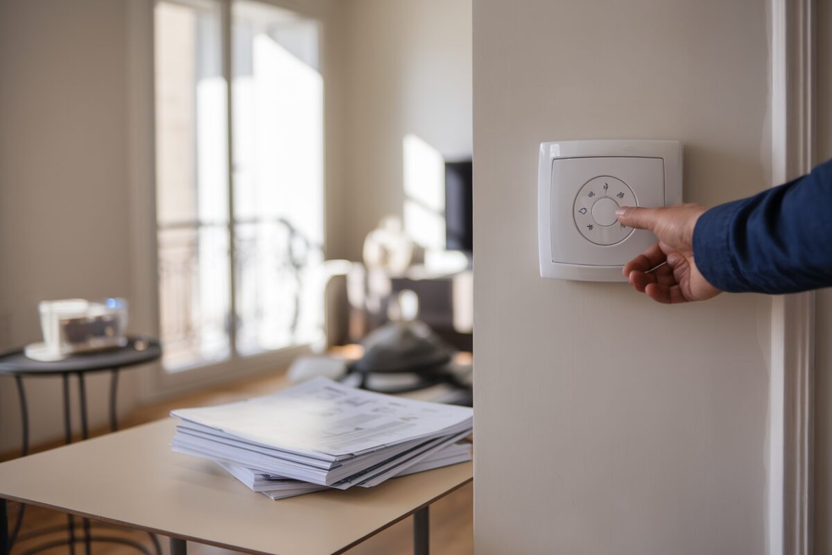 Thermostat et dossier MaPrimeRénov’ Un thermostat mural et des documents MaPrimeRénov’ sur une table